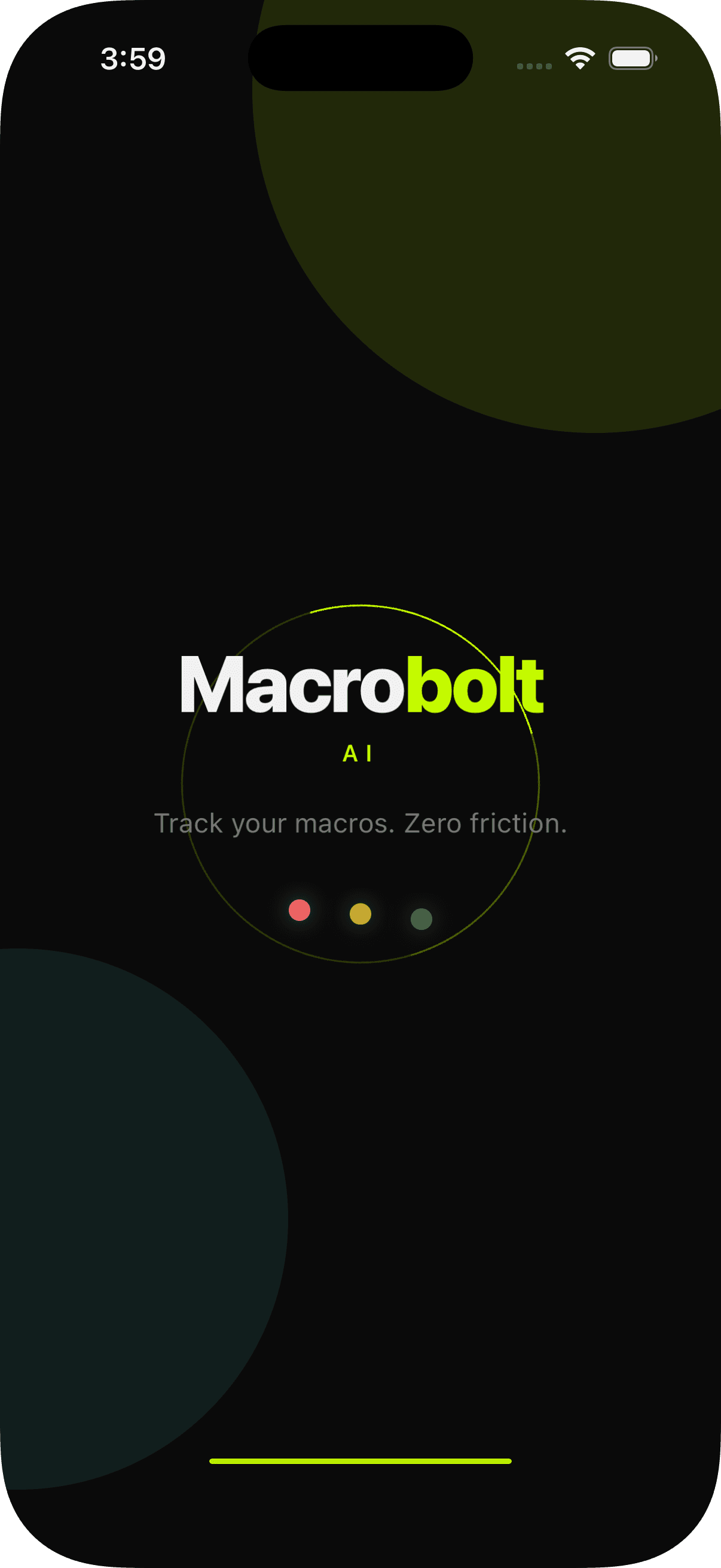 Tela inicial com anéis de macros do Macrobolt AI