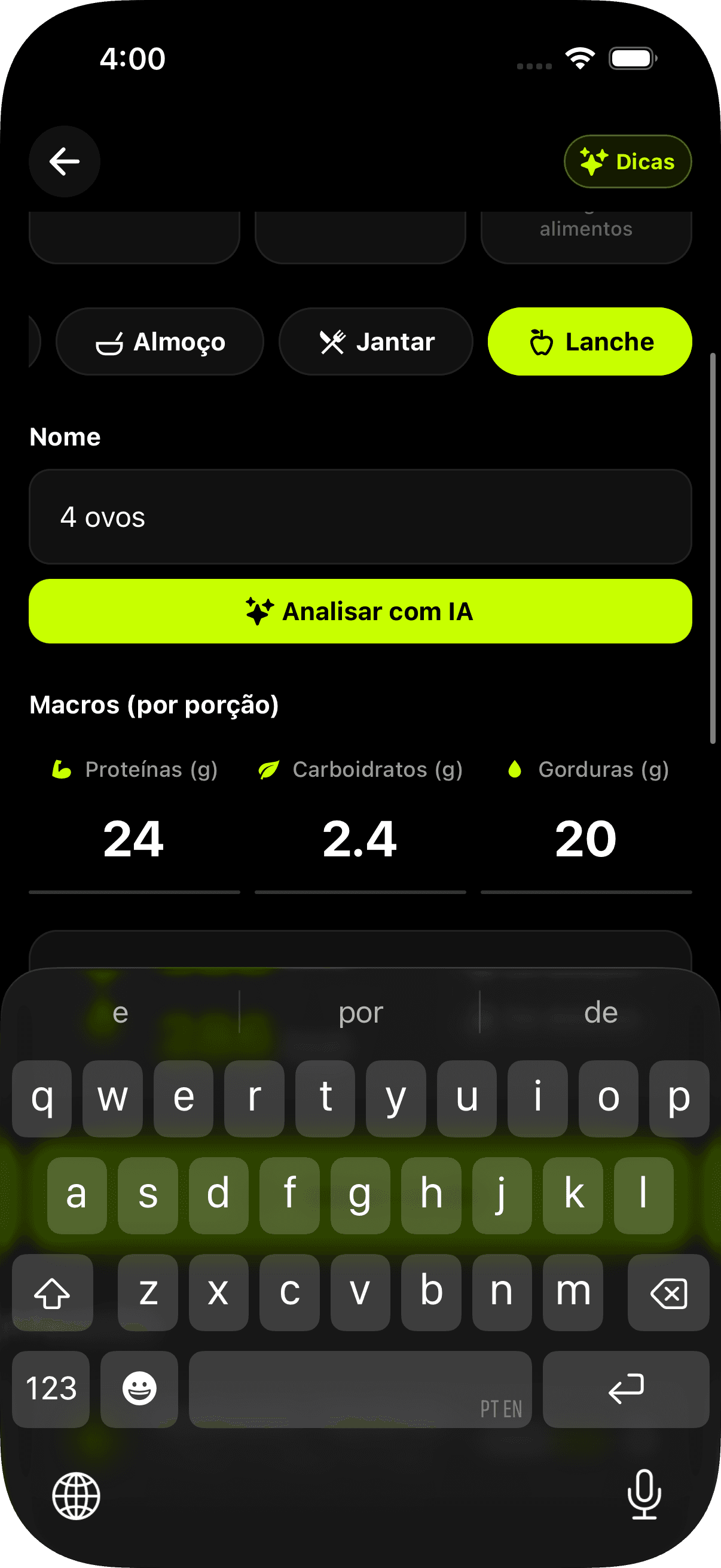 Adicionar alimento com IA no Macrobolt AI