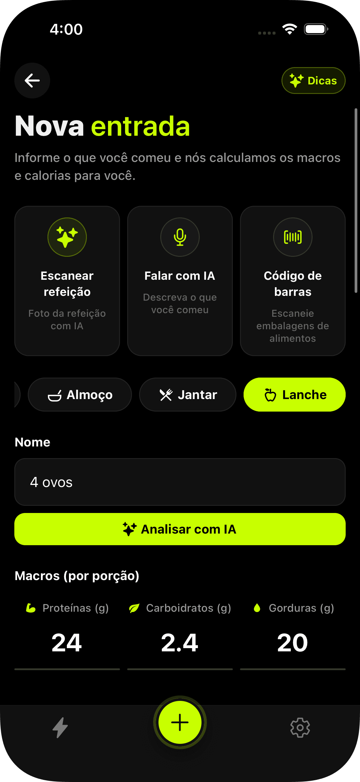 Metas diárias de macros no Macrobolt AI
